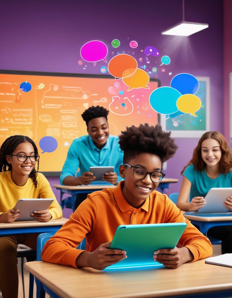 A vibrant classroom scene depicting diverse students engaging with interactive quizzes on digital tablets, bright colors reflecting a sense of enthusiasm. Include elements like thought bubbles showcasing ideas sparked by quizzes and a virtual teacher guiding them in a modern online learning environment. The background should be dynamic and tech-inspired, symbolizing virtual learning. super-realistic. vibrant colors.
