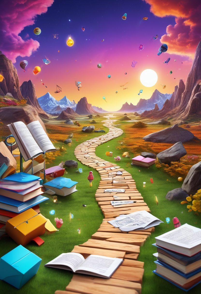 A colorful digital landscape depicting a journey through various online examination themes, featuring animated characters engaging with fun assessment puzzles and interactive learning tools. Include vibrant icons representing knowledge, such as books and lightbulbs, floating in a cheerful atmosphere. The backdrop should showcase an evolving path leading to a bright horizon symbolizing success in education. super-realistic. vibrant colors. 3D.